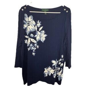 Lauren Ralph Lauren Women's floral BLUE long sleeve top size 1X 100% Cotton